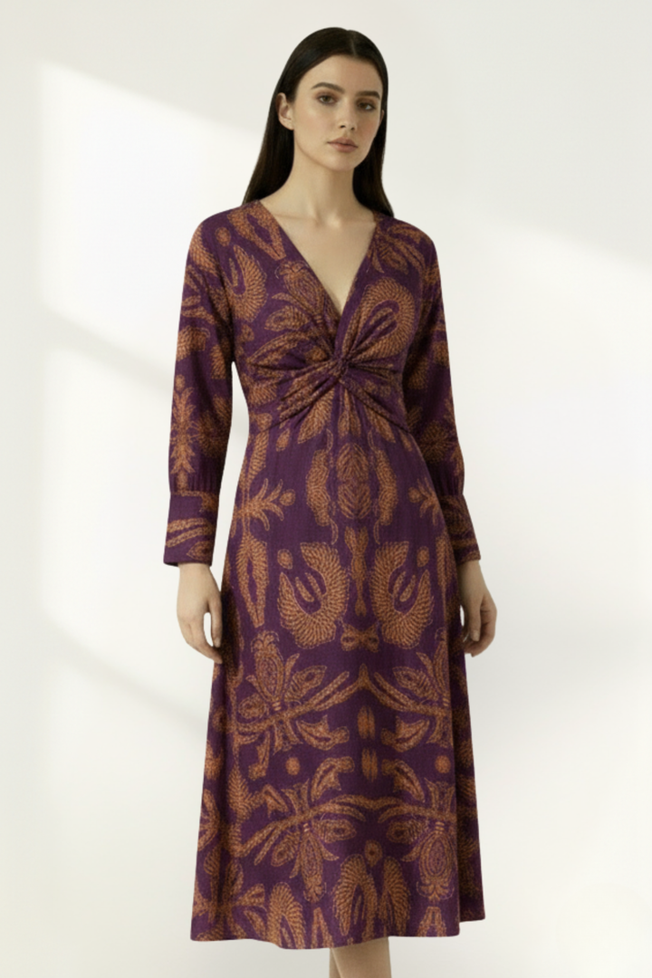 Women's Long Sleeve Printed Midi Dress