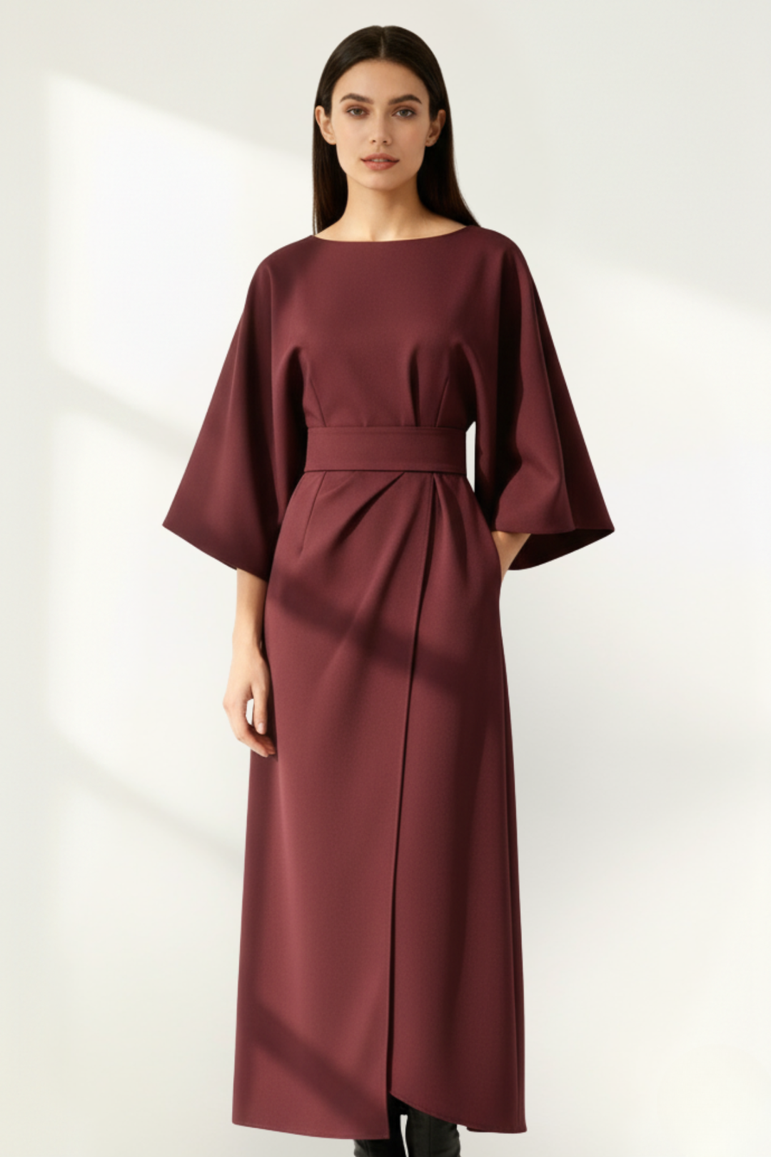 Women’s Long Sleeve Belted Midi Dress